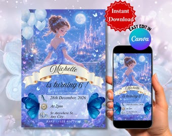 Verjaardagsuitnodiging blauwe prinses bewerkbaar in canvassjabloon | Afdrukbare prinsessenfeestuitnodiging | Mobielvriendelijk (digitale download)
