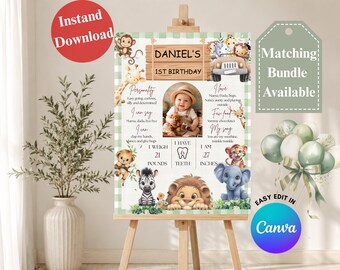 BEWERKBARE dieren Safari verjaardag mijlpaal bordsjabloon, decor babyshower, afdrukbare canvas, instant download, Jungle Party bord bord