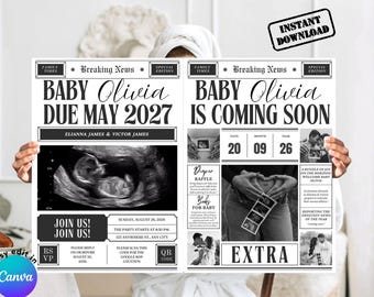 Krant Zwangerschapsaankondiging Grote krant Babyaankondiging Zwangerschapsaankondiging Krant Babyshower Canva Sjabloon Bewerken