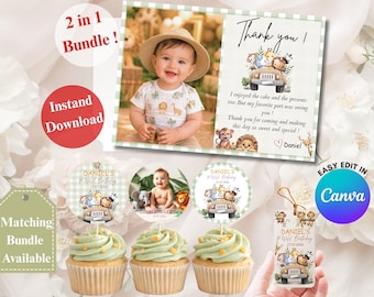 BEWERKBARE Animal Safari 1e verjaardag Bedankkaart & cupcake topper sjabloon, Baby Shower Decor afdrukbare Canva Instant Download Jungle Party