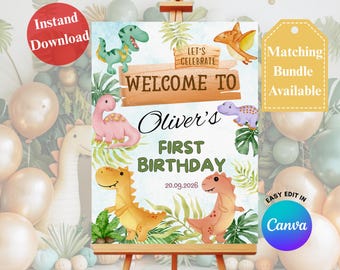 BEWERKBARE dinosaurus T Rex verjaardag welkomstbord fotosjabloon, decor babyshower, afdrukbare canvas, instant download, Jungle Party bord bord