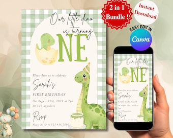 Verjaardagsuitnodiging T-Rex dinosaurus bewerkbaar in canvassjabloon | Afdrukbare dino-feestuitnodiging | Mobielvriendelijk | 1e verjaardagsuitnodiging | Bundel: