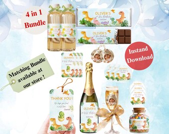 BEWERKBARE T Rex dinosaurus verjaardagsgunst, snoep, fles tags & stickers bundelsjabloon babyshower decor, afdrukbare canva, instant download