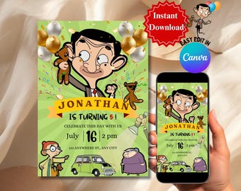 Verjaardagsuitnodiging grappige heer bewerkbaar in canva-sjabloon, uitnodiging grappig kinderfeestje, instant download, mobiele versie inbegrepen