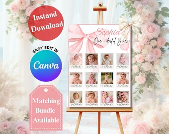 BEWERKBARE Pink Bow Coquette 1e verjaardag maandelijkse mijlpaal bord fotosjabloon eerste verjaardag meisje decor, afdrukbaar canvas, Instant Download