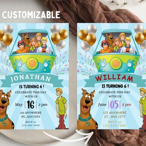 May include: Customizable birthday party invitations featuring the Scooby-Doo gang in their Mystery Machine. The invitations include the text "JONATHAN IS TURNING 4!" and "WILLIAM IS TURNING 6!" with party details and RSVP information. Balloons and confetti decorate the background.