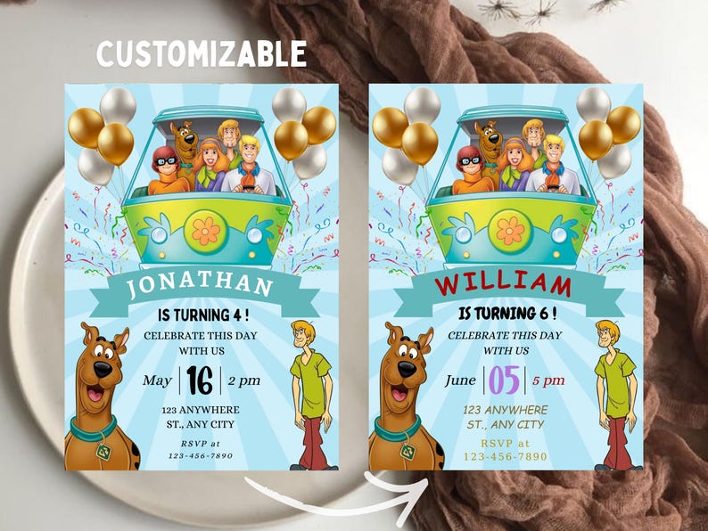 May include: Customizable birthday party invitations featuring the Scooby-Doo gang in their Mystery Machine. The invitations include the text "JONATHAN IS TURNING 4!" and "WILLIAM IS TURNING 6!" with party details and RSVP information. Balloons and confetti decorate the background.