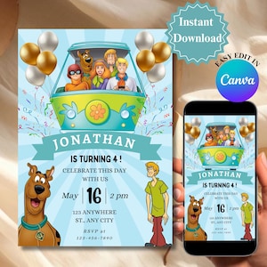 May include: A birthday party invitation featuring the Mystery Machine from Scooby-Doo. The invitation is light blue with gold and silver balloons, and the text "Jonathan is turning 4!" is displayed. The date and time are also included.