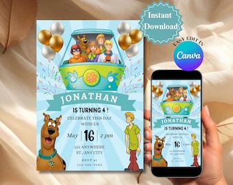 Scooby Doo Geburtstagseinladung bearbeitbar in Canva Vorlage, Mystery Party einladen, Kindergeburtstag einladen, sofortiger Download, mobil einsetzbar