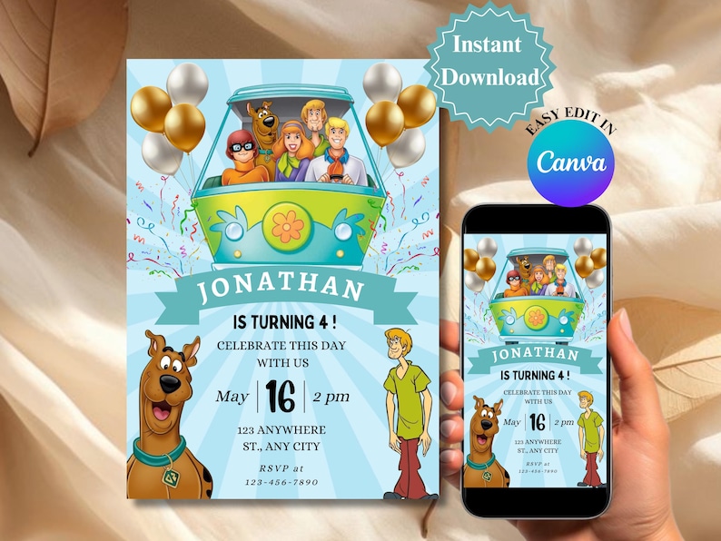 May include: A birthday party invitation featuring the Mystery Machine from Scooby-Doo. The invitation is light blue with gold and silver balloons, and the text "Jonathan is turning 4!" is displayed. The date and time are also included.
