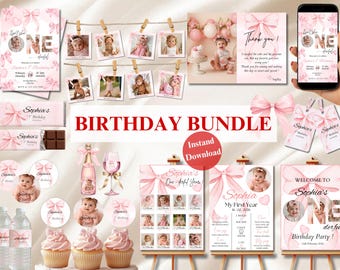 Roze strik 1e verjaardag BUNDEL Sjablonen, babymeisje eerste verjaardag coquette lint, schattige baby roze strik verjaardagsuitnodiging, Instant Download Canva