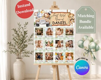 BEWERKBARE dieren Safari verjaardag maandelijkse mijlpaal fotosjabloon, decor babyshower, afdrukbare canvas, instant download, jungle Party Board
