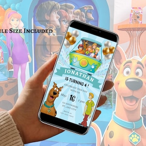 May include: A smartphone displays a birthday party invitation featuring the Scooby-Doo gang in their Mystery Machine. The invitation is light blue with gold balloons and the text "JONATHAN IS TURNING 4!" The words "MOBILE SIZE INCLUDED" are at the top.