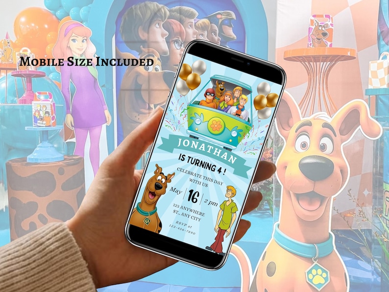 May include: A smartphone displays a birthday party invitation featuring the Scooby-Doo gang in their Mystery Machine. The invitation is light blue with gold balloons and the text "JONATHAN IS TURNING 4!" The words "MOBILE SIZE INCLUDED" are at the top.