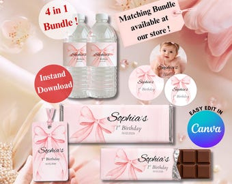 BEWERKBARE roze strik 1e verjaardag gunst, snoep, fles tags & stickers bundelsjabloon B'day Girl decor, afdrukbaar canvas, instant download