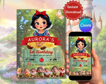 Fairytale Princess Invitation Template Editable in Canva, Birthday Party Invite, Instant Download, Mobile Version Included, Kids