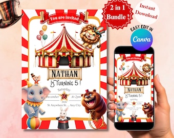 Carnival Birthday Template Invitation, Circus Birthday Ticket Invite, Editable in Canva, Instant Download, Mobile Friendly