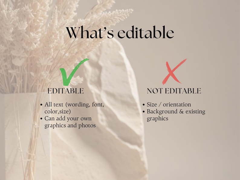 May include: A beige graphic with the text "What's editable" and lists of editable and non-editable features. The editable features include text, font, color, size, and graphics. The non-editable features include size, orientation, and background.