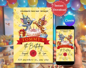Verjaardagsuitnodiging voor kat en muis bewerkbaar in canva-sjabloon, kinder cartoon feestuitnodiging, mobiele versie, direct downloaden