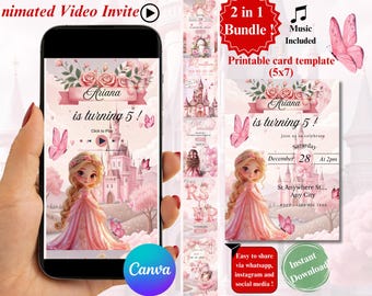 Roze prinses video-verjaardagsuitnodiging samen met afdrukbare sjabloon, bewerkbaar in canva, RSVP, live countdown, muziek, 2-in-1-bundel