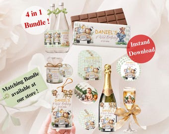 BEWERKBARE dierlijke safari verjaardagsbedankje, snoep, fles tags & stickers bundelsjabloon babyshower decor, afdrukbaar canvas, instant download