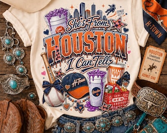 Houston PNG, Si vede che viene da Houston, Design della maglietta da cowboy di H Town, Fiocco da cocchiera di Space City Baseball PNG