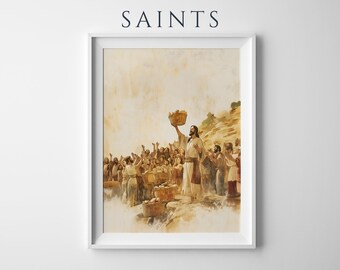 Póster enmarcado de La alimentación de los cinco mil / Arte mural católico minimalista
