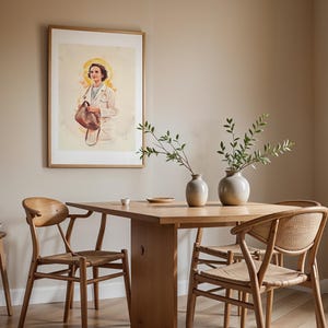 May include: A framed wall art print depicting a person in a white medical coat with a stethoscope and a brown bag, featuring a yellow halo effect. The artwork is displayed above a wooden dining table with two ceramic vases and wooden chairs.