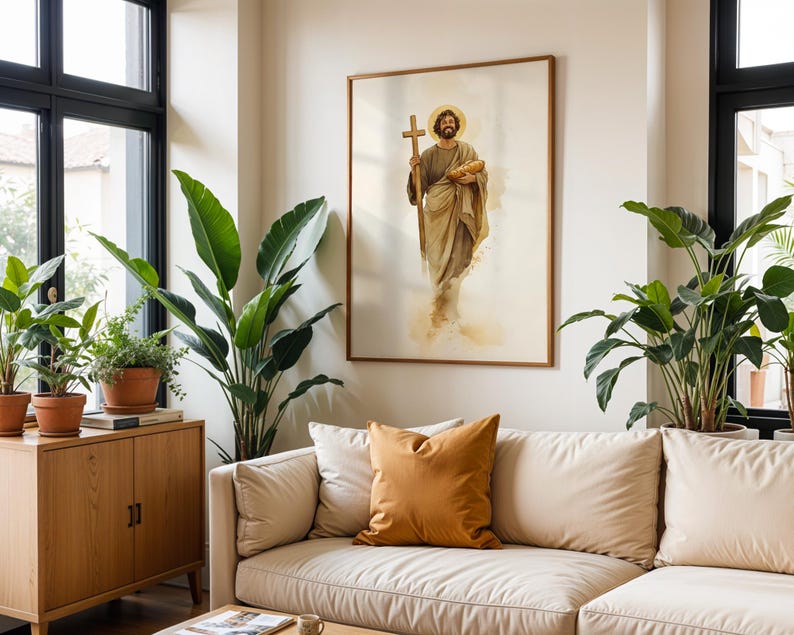 Op de afbeelding: Een ingelijste wandkunstprint met een aquarelillustratie van een bebaard figuur in vloeiende beige gewaden, die een houten kruis in de ene hand en een brood in de andere hand houdt, met een gouden aureool boven het hoofd.