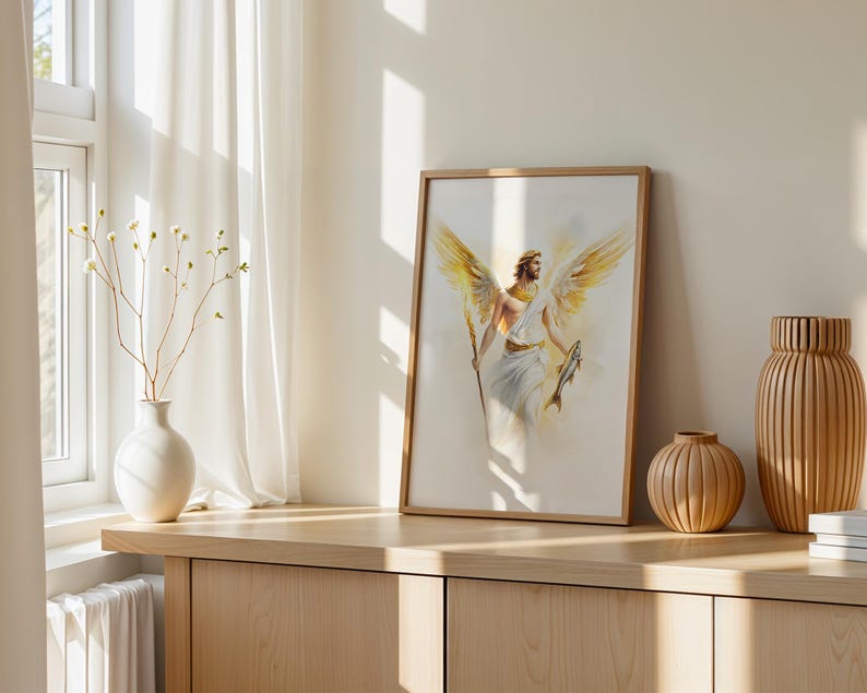 May include: A framed wall art print featuring a watercolour illustration of a winged figure with a golden halo, holding a staff in one hand and a fish in the other. The figure wears a white robe and has large, detailed golden wings spread wide.