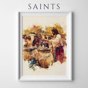 May include: A framed watercolor-style print titled SAINTS, depicting a scene with a central figure in a light robe and dark sash gesturing toward several large, rounded clay pots, surrounded by other figures in a warm, textured color palette.