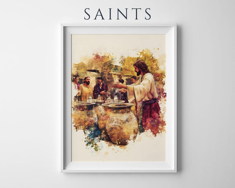 May include: A framed watercolor-style print titled SAINTS, depicting a scene with a central figure in a light robe and dark sash gesturing toward several large, rounded clay pots, surrounded by other figures in a warm, textured color palette.