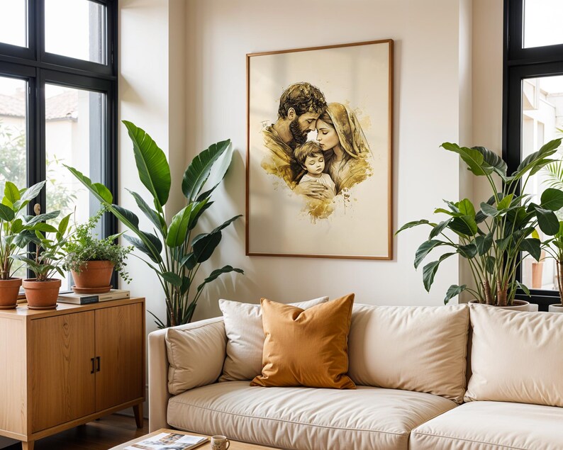 May include: A framed wall art print featuring a sepia-toned watercolor illustration of a family of three. The artwork depicts a parent with a beard and a parent with a head covering embracing a small child, all rendered in soft brown and gold hues.
