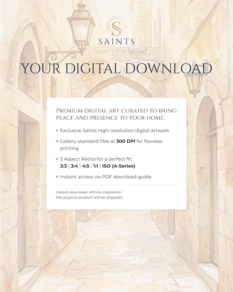 May include: A digital download information card featuring the Saints logo and text: YOUR DIGITAL DOWNLOAD. It lists premium digital art details, 300 DPI resolution, five aspect ratios including 2:3, 3:4, 4:5, 1:1, and ISO A-Series, plus a PDF download guide.