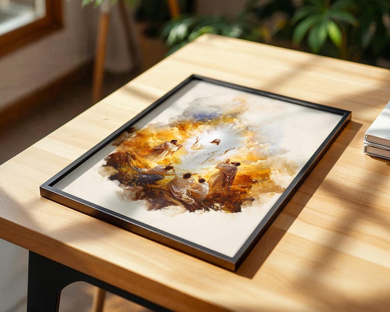 Puede incluir: Una impresi&oacute;n rectangular enmarcada que presenta una ilustraci&oacute;n estilo acuarela de una figura central con t&uacute;nicas blancas rodeada de una luz brillante, con varias figuras m&aacute;s peque&ntilde;as con t&uacute;nicas reunidas bajo nubes doradas y marrones.