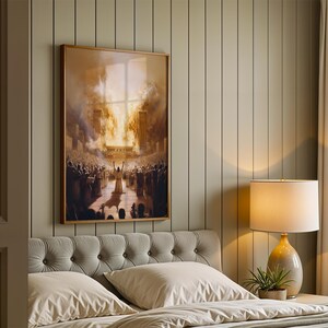 May include: A framed rectangular wall art print depicting a large crowd of people with arms raised toward a bright, fiery light emanating from a structure. The artwork features warm orange, yellow, and brown tones, displayed in a wooden frame.