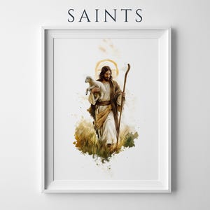 May include: A framed wall art print featuring the text SAINTS at the top. The illustration depicts a figure with long brown hair and a beard, wearing tan and white robes, holding a small white lamb and a wooden staff, with a golden halo.