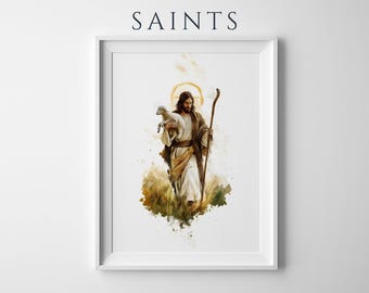Jesus Christ the Good Shepherd Printable Art | Minimalist Watercolor Catholic Decor