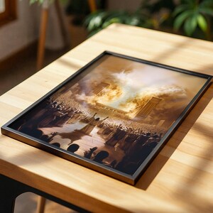 May include: A rectangular framed print featuring a sepia-toned illustration of a large crowd gathered before a grand structure with tall pillars. A central figure stands with arms raised toward a bright, glowing light emanating from the building.