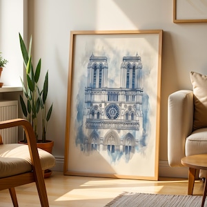 Utskrivbar konst av Notre-Dame de Paris | Akvarell katolsk väggdekoration bild 3