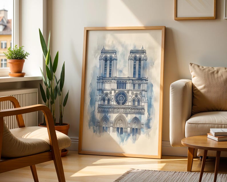 Utskrivbar konst av Notre-Dame de Paris | Akvarell katolsk väggdekoration bild 3