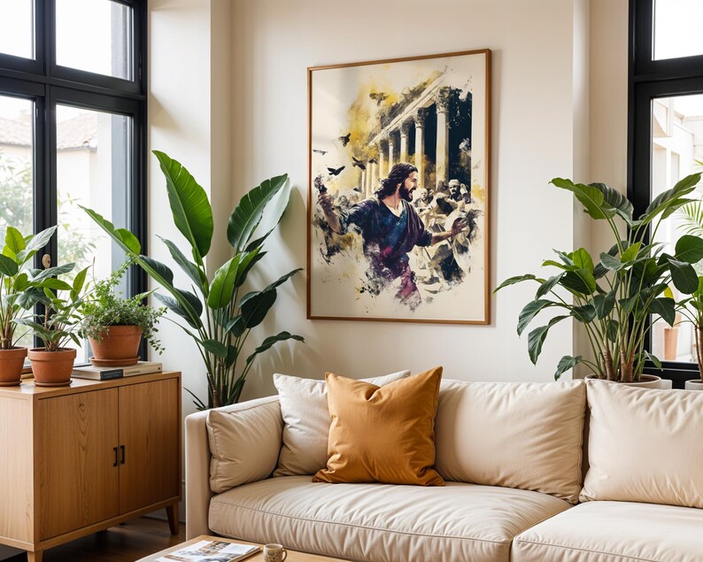 Puede incluir: Una impresi&oacute;n de arte mural enmarcada que presenta una ilustraci&oacute;n estilo acuarela de una figura barbuda con cabello largo, vestida con una t&uacute;nica oscura, gesticulando entre una multitud cerca de columnas cl&aacute;sicas, con aves sobre un fondo amarillo y blanco.