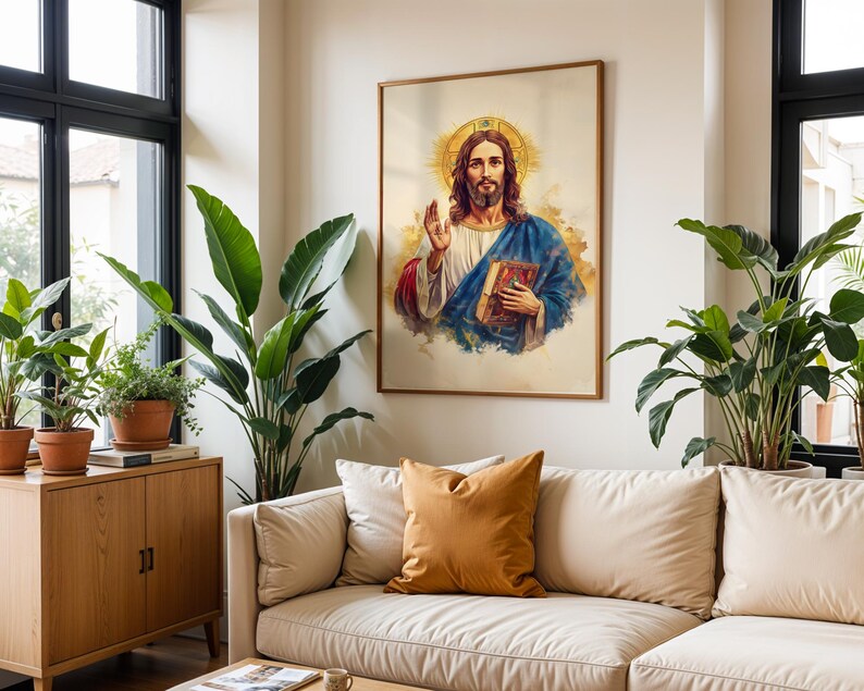 Peut inclure: Une impression d'art mural encadr&eacute;e repr&eacute;sentant une figure aux longs cheveux bruns et &agrave; la barbe, v&ecirc;tue d'une robe blanche et d'une cape bleue, tenant un livre d'une main et levant l'autre dans un geste, sur un fond de halo circulaire dor&eacute;.
