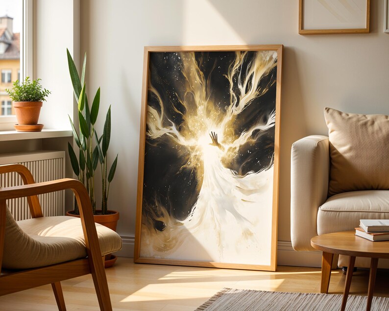 Poster incorniciato "La Creazione della Luce" / Opera d'arte cattolica moderna ad acquerello da appendere al muro immagine 2