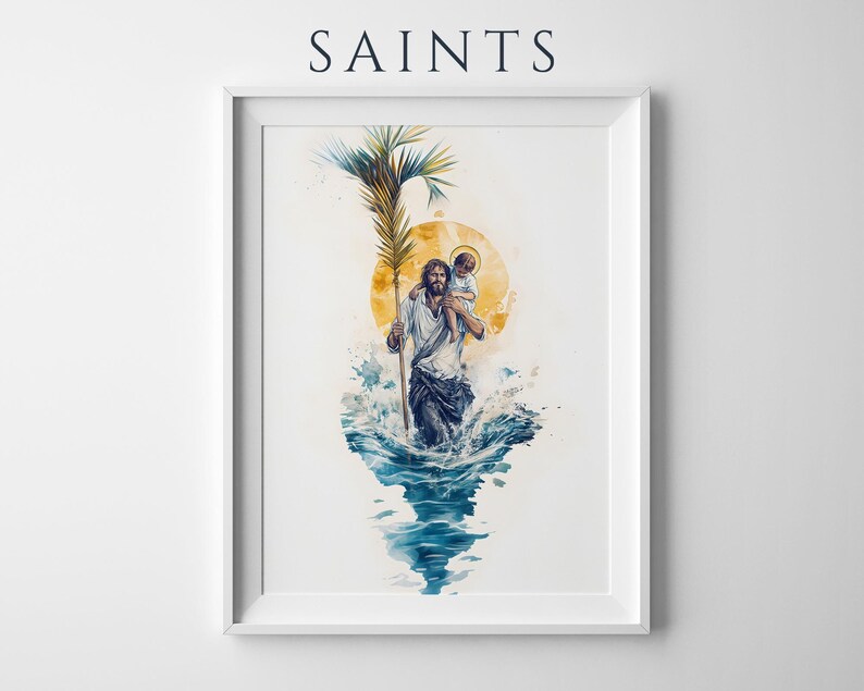 May include: A framed wall art print titled SAINTS featuring a watercolor illustration of a figure carrying a child on their shoulders while walking through blue water. The figure holds a tall palm frond, set against a large yellow sun background.