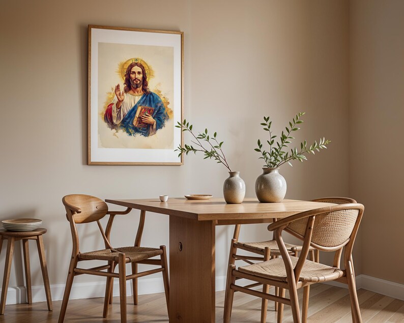 Peut inclure: Une impression d'art mural encadr&eacute;e repr&eacute;sentant une figure avec un halo dor&eacute;, v&ecirc;tue d'une robe blanche et d'une cape bleue, tenant un livre. La figure a de longs cheveux bruns et une barbe, une main lev&eacute;e en signe de b&eacute;n&eacute;diction sur fond clair.