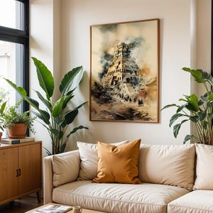 May include: A framed wall art print featuring a watercolor-style illustration of a towering, ancient ziggurat structure. The artwork displays muted earth tones, including shades of brown, tan, and soft blue, depicting a path leading to the building.
