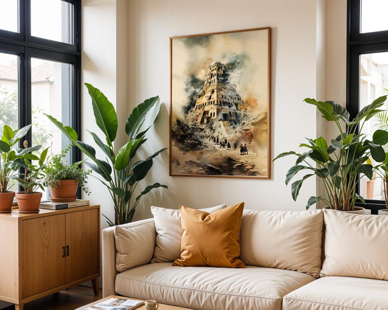 May include: A framed wall art print featuring a watercolor-style illustration of a towering, ancient ziggurat structure. The artwork displays muted earth tones, including shades of brown, tan, and soft blue, depicting a path leading to the building.