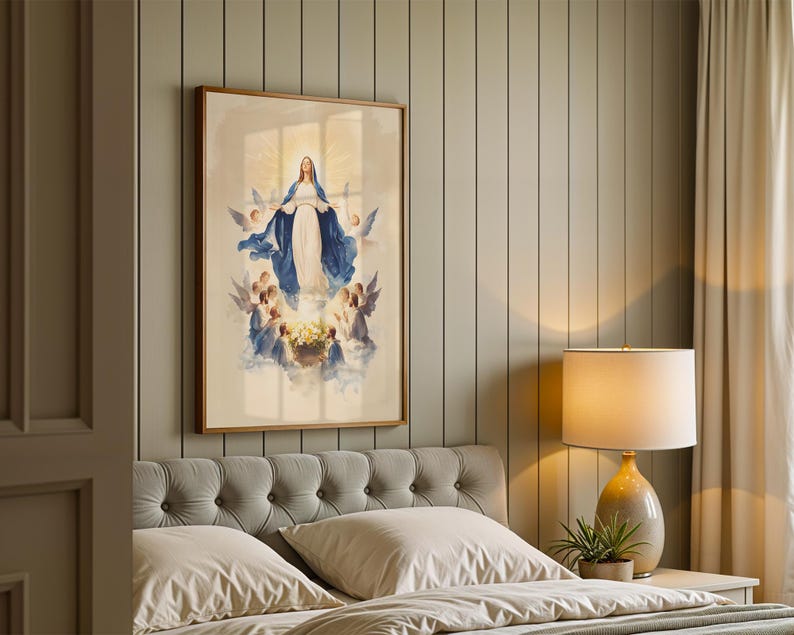 Arte para imprimir da Dormição da Virgem Maria | Decoração de parede católica em aquarela imagem 3
