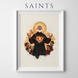 Peut inclure: Une impression d'art encadr&eacute;e intitul&eacute;e SAINTS repr&eacute;sentant un personnage central &agrave; barbe blanche v&ecirc;tu d'une robe noire, les mains lev&eacute;es, avec un c&oelig;ur brillant sur la poitrine. Il est entour&eacute; d'enfants rieurs sur un fond dor&eacute; de style aquarelle avec un effet de halo.